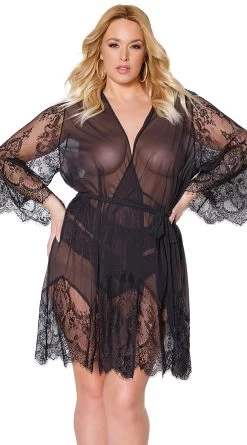 Coquette Plus Size Draping Mesh And Lace Robe