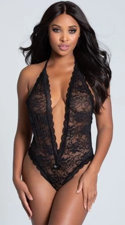 Dreamgirl Stretch Lace Halter Teddy With Heart Cut Out
