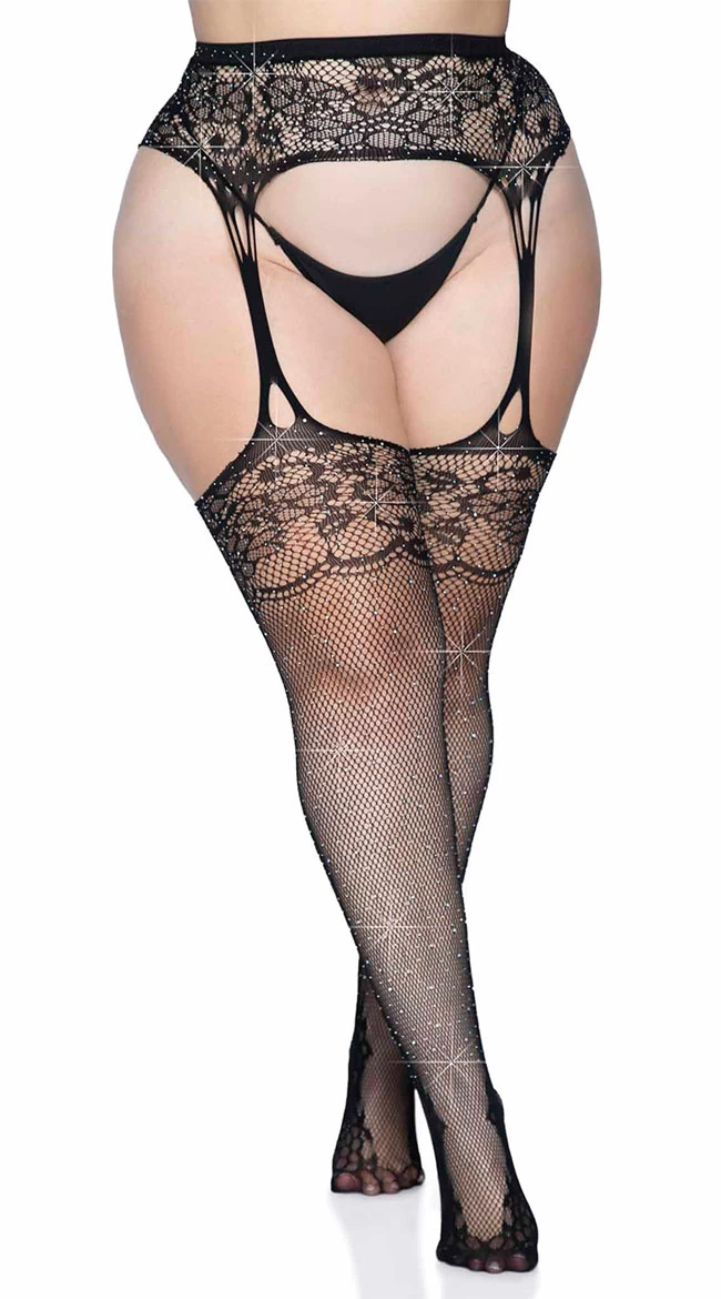 LEG AVENUE Plus Size Rhinestone Lace Top Garter Stockings - Image 5