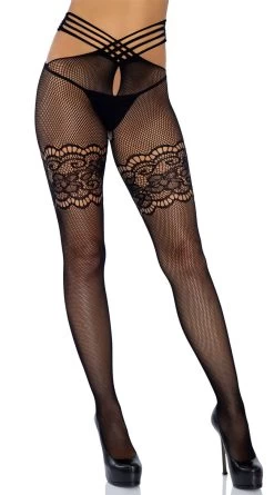LEG AVENUE Strappy Waist Crotchless Stockings