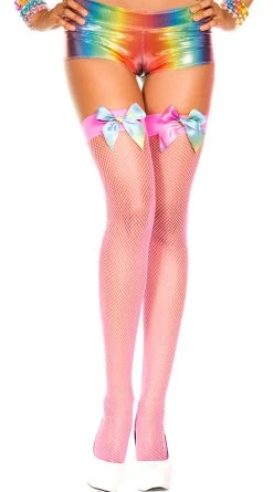 MUSIC LEGS Neon Fishnet Stockings With Rainbow Satin Bows