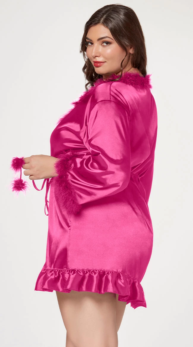Plus Size Fuzzy Silk Short Robe - Image 3