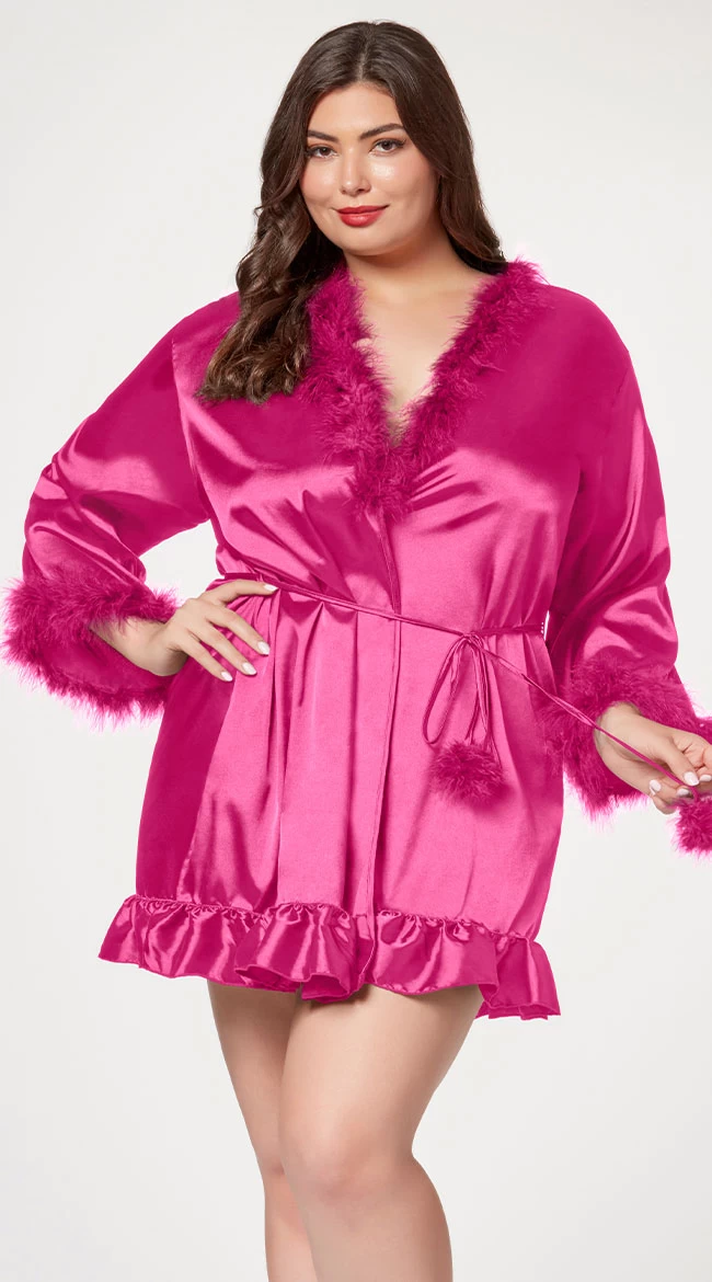 Plus Size Fuzzy Silk Short Robe - Image 4