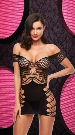Off-The-Shoulder Fishnet Mini Dress